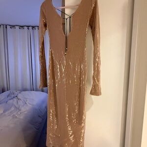 Elegant Sequin Long Sleeve Dress in Tan